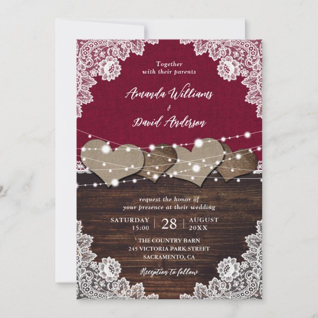Rustic Burgundy Wood Burlap Lace Wedding Invitation (Front)