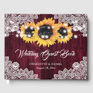 Rustic Burgundy Wood Lace Sunflower Wedding Guest Book