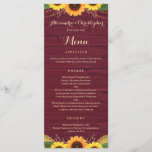 Rustic Burgundy Wood Lights Lace Sunflower Wedding Menu<br><div class="desc">This rustic country design features gold string lights and lace along with sunflowers and burgundy marsala sprigs against a maroon winery red wood background. The text, with customizable bride and groom names and event details, appears in pale gold in popular script and serif typography. You can personalize this menu for...</div>