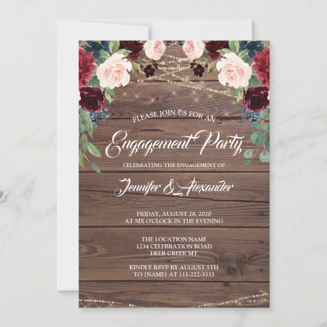 Rustic Burgundy Wood Marsala Engagement Party Invitation (Front)