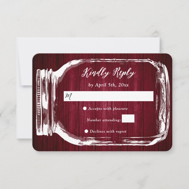 Rustic Burgundy Wood Mason Jar Wedding RSVP Card (Front)