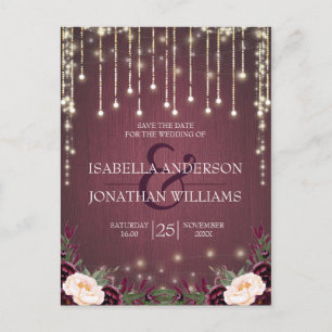 Rustic Burgundy Wood String Lights Save the Date Announcement Postcard