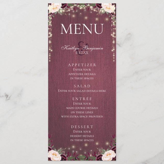 Rustic Burgundy Wood & String Lights Wedding Menu (Front)