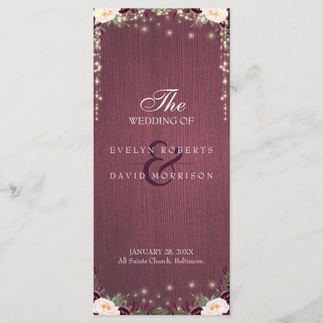 Rustic Burgundy Wood String Lights Wedding Program (Front)