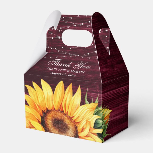 Rustic Burgundy Wood Sunflower Wedding Favor Box (Front Side)