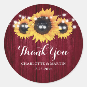 Rustic Burgundy Wood Sunflower Wedding Favour Classic Round Sticker