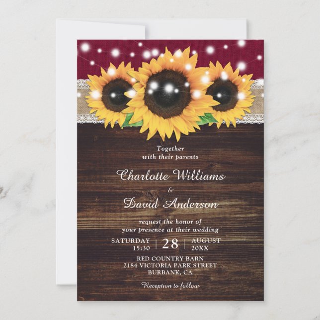 Rustic Burgundy Wood Sunflower Wedding Invitation (Front)