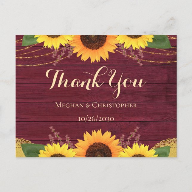 Rustic Burgundy Wood Sunflower Wedding Thank You Postcard (Front)