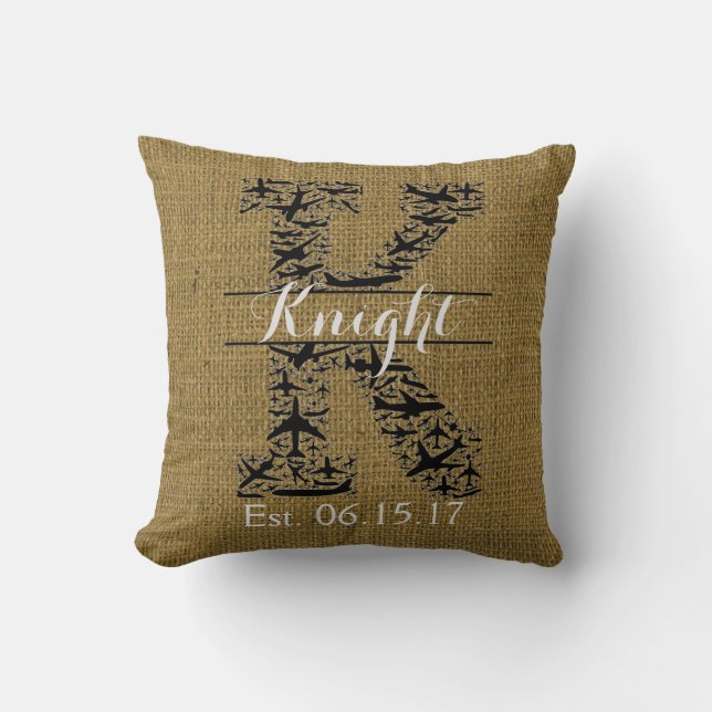 Rustic Burlap Airplane Split Monogram "K" Throw Pillow (Front)