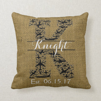 Rustic Burlap Airplane Split Monogram "K" Throw Pillow