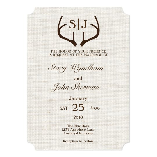 Rustic Burlap and Antler Wedding Invitation Card