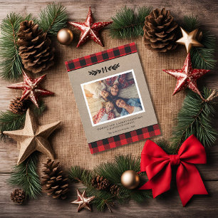 Rustic Burlap and Buffalo Plaid Monogram Photo  Holiday Card