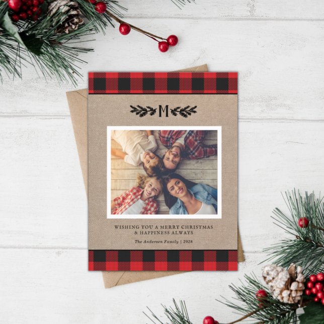 Rustic Burlap and Buffalo Plaid Monogram Photo  Holiday Card (Creator Uploaded)
