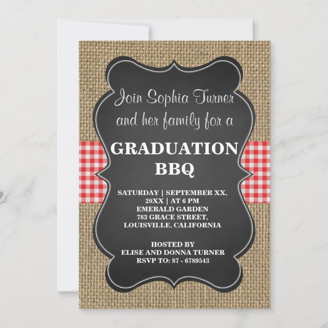 Rustic Burlap and Chalkboard GRADUATION BBQ Custom Invitation (Front)