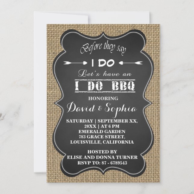 Rustic Burlap and Chalkboard I DO BBQ Custom Invitation (Front)