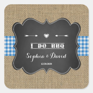 Rustic Burlap and Chalkboard I DO BBQ Square Sticker