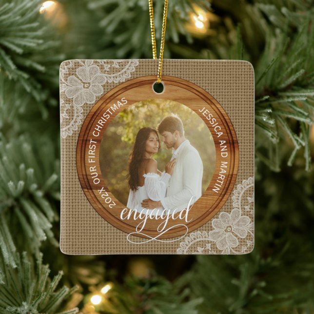 Rustic Burlap and Lace First Christmas engaged Ceramic Ornament (Tree)