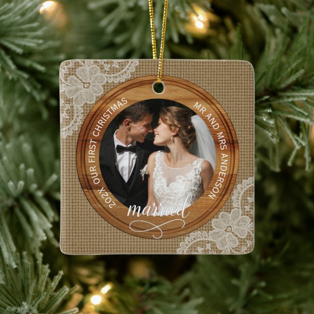 Rustic Burlap and Lace First Christmas married Ceramic Ornament (Tree)