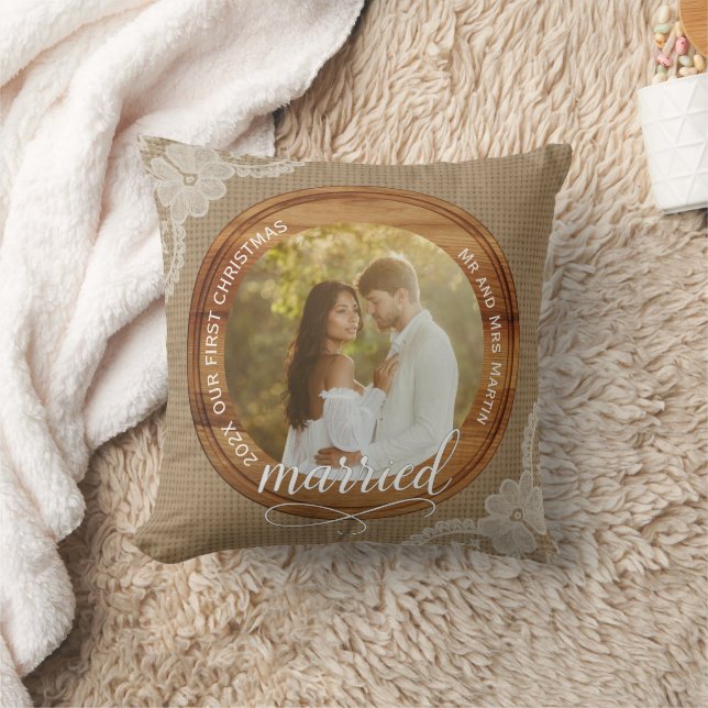 Rustic Burlap and Lace First Christmas Married Throw Pillow (Blanket)