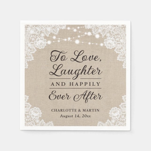 Rustic Burlap and Lace Happily Ever After Wedding  Napkin (Front)