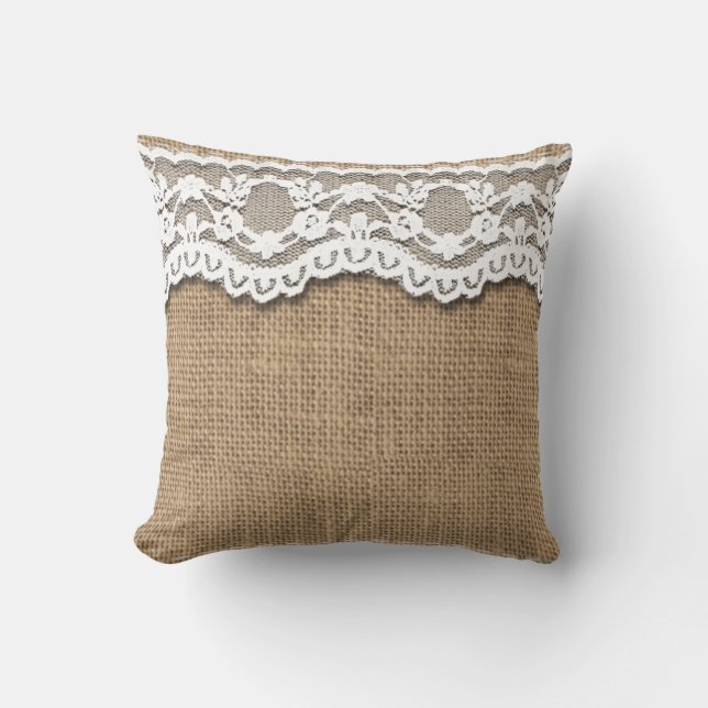 Rustic Burlap and Lace Pillow (Front)