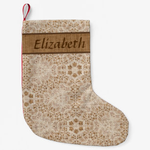 Rustic Burlap and Lace Snowflake Personalized Small Christmas Stocking