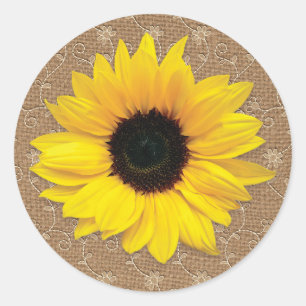 Rustic Burlap and Lace Sunflower Wedding Classic Round Sticker