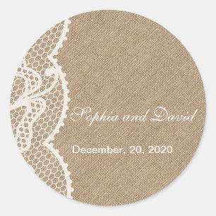 Rustic Burlap and Lace Wedding Favour Monogram Classic Round Sticker