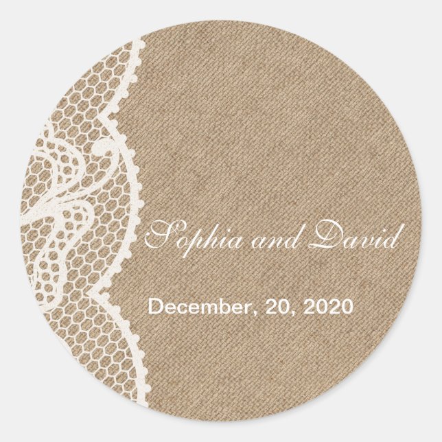 Rustic Burlap and Lace Wedding Favour Monogram Classic Round Sticker (Front)