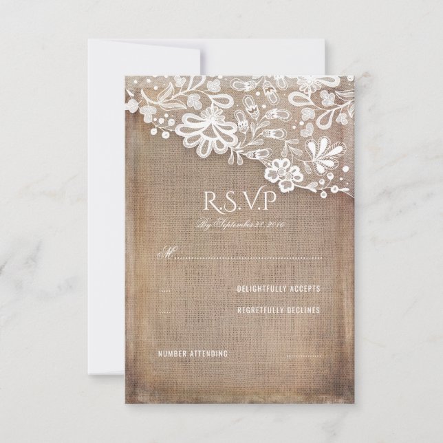 Rustic Burlap and Lace Wedding RSVP Card (Front)