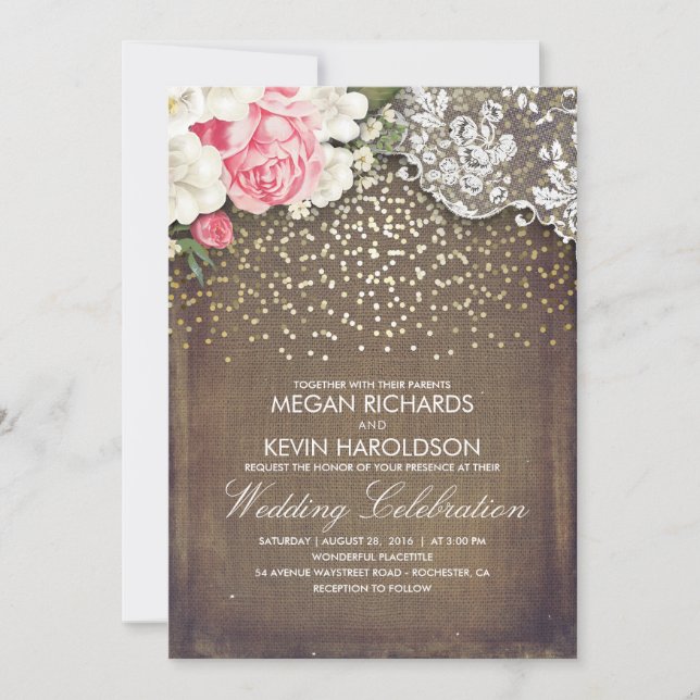 Rustic Burlap and Pink Flowers Lace Gold Wedding Invitation (Front)