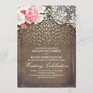 Rustic Burlap and Pink Flowers Lace Gold Wedding Invitation