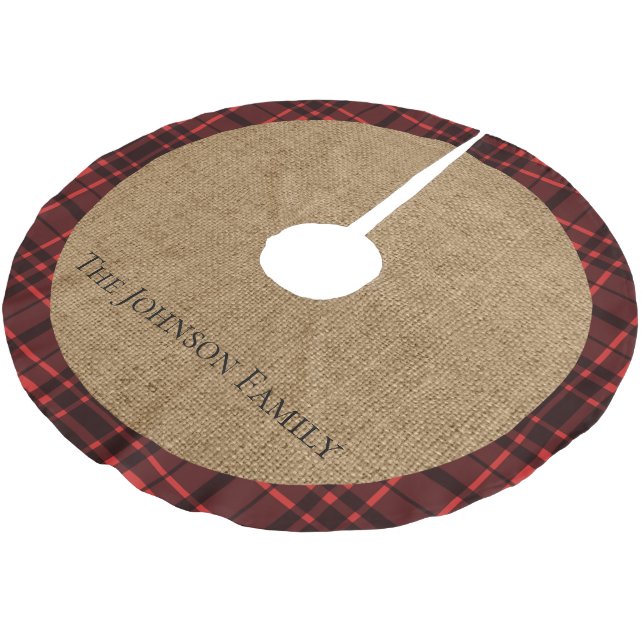 Rustic Burlap and Red Plaid Brushed Polyester Tree Skirt (Angled)
