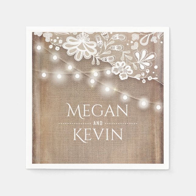 Rustic Burlap and String Lights Lace Wedding Napkin (Front)