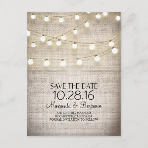 Rustic burlap and string lights save the date announcement postcard