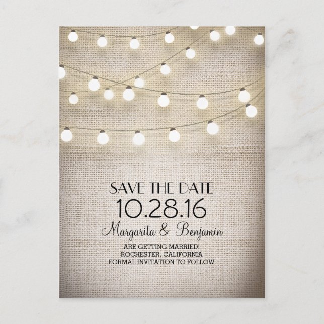 Rustic burlap and string lights save the date announcement postcard (Front)