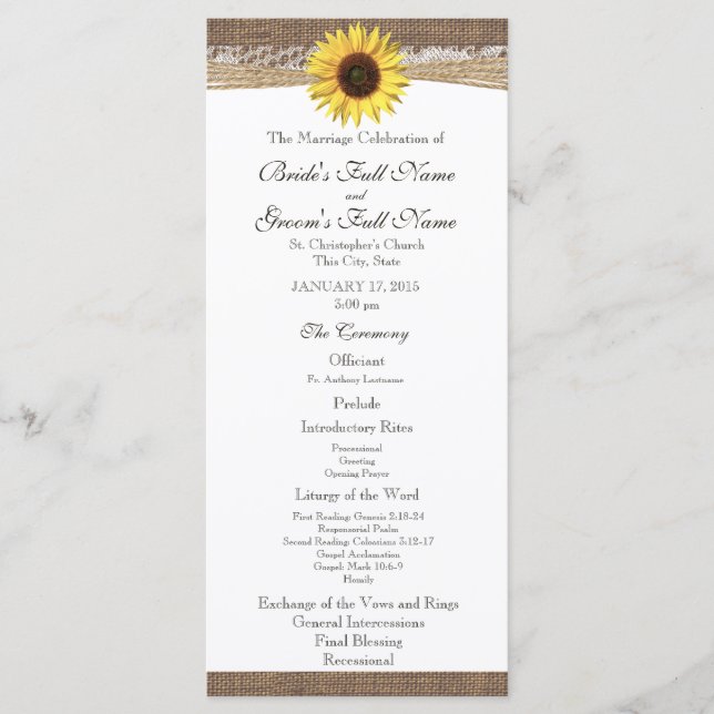 Rustic Burlap and Sunflower Wedding Program (Front)