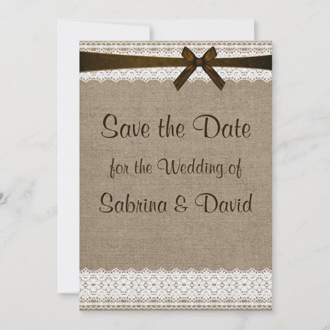 Rustic Burlap and Vintage Lace Save the Date (Front)