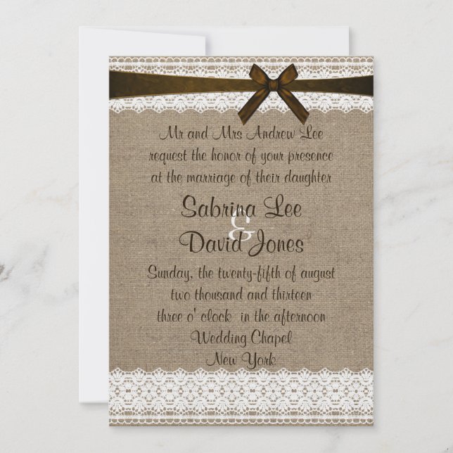 Rustic Burlap and Vintage Lace Wedding Invitation (Front)
