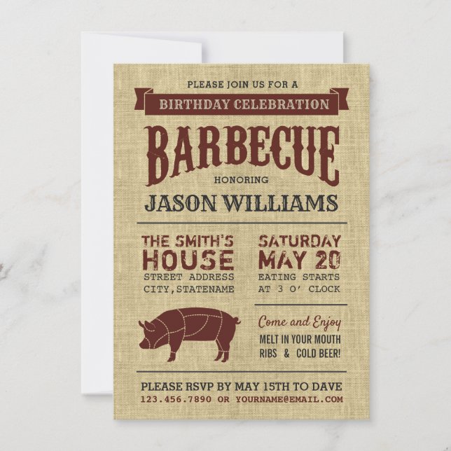 Rustic Burlap Anniversaire Fête BBQ Invitations (Devant)