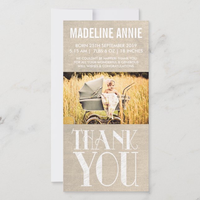 Rustic Burlap Baby Birth Thank You Photo (Front)