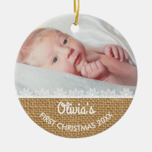 Rustic Burlap Baby's First Christmas Ceramic Ornament