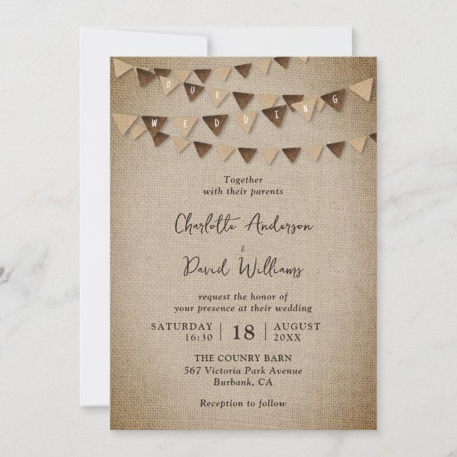 Rustic Burlap Banners Wedding Invitation (Front)