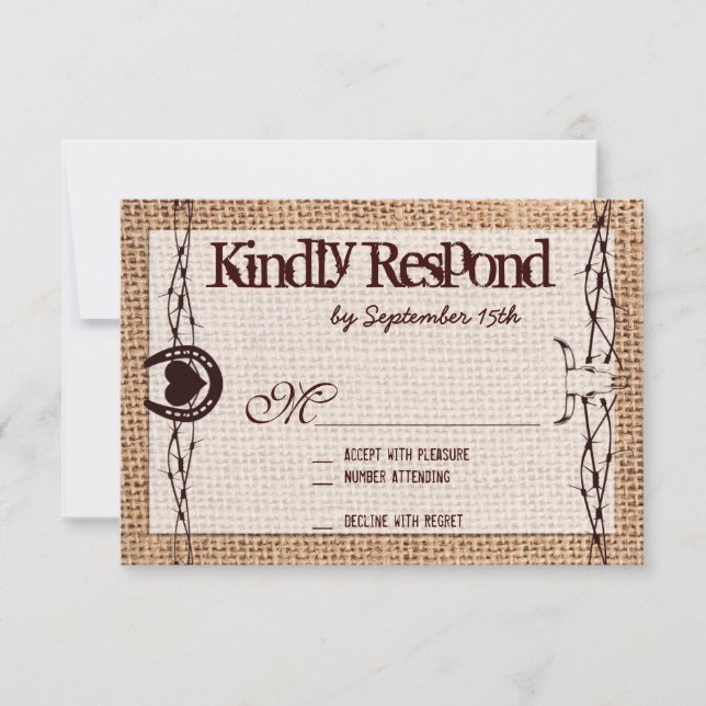Rustic Burlap Barbed Wire Horseshoe RSVP Cards (Front)