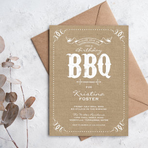 Rustic Burlap BBQ Cookout Birthday Party Invitation