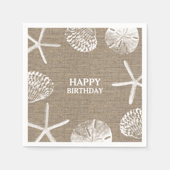 Rustic Burlap Beach Theme Seashells Birthday Napkin (Front)