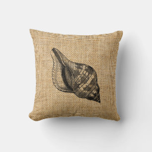 Rustic Burlap Beach Theme Seashells Throw Pillows