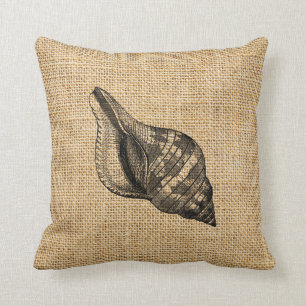 Rustic Burlap Beach Theme Seashells Throw Pillows