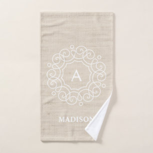 Rustic Burlap Beige Farmhouse Monogram Bath Towel Set