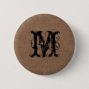 Rustic Burlap Black Monogram - Shabby Chic 2 Inch Round Button
